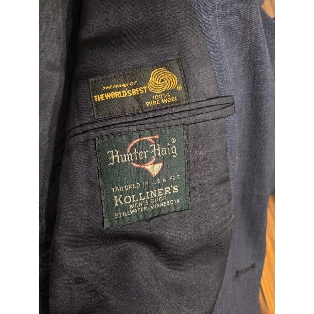 Vtg Hunter Haig Men’s 2 Piece Wool Suit 48 Navy Subtle Pinstripe Union Made USA - Picture 5 of 16